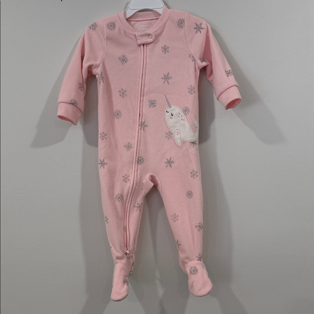 Pink fleece snowflake footie one piece